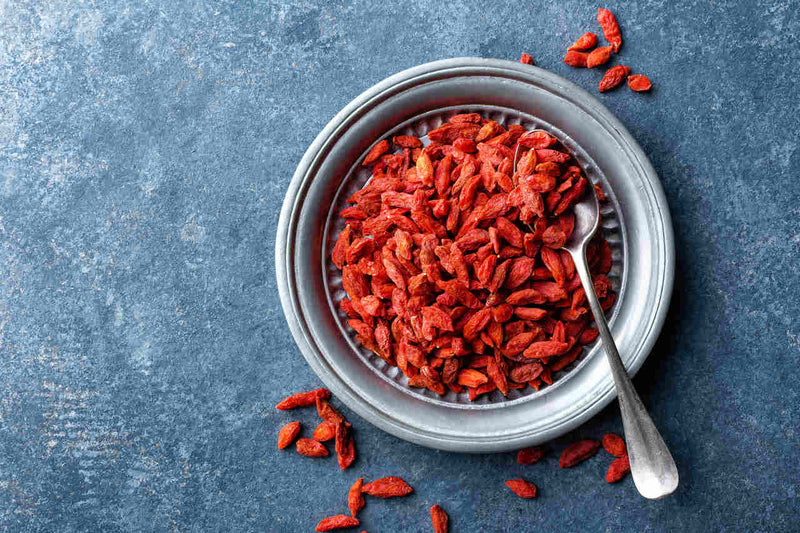 Mavi arka planda bir kase içerisinde goji berry kurusu